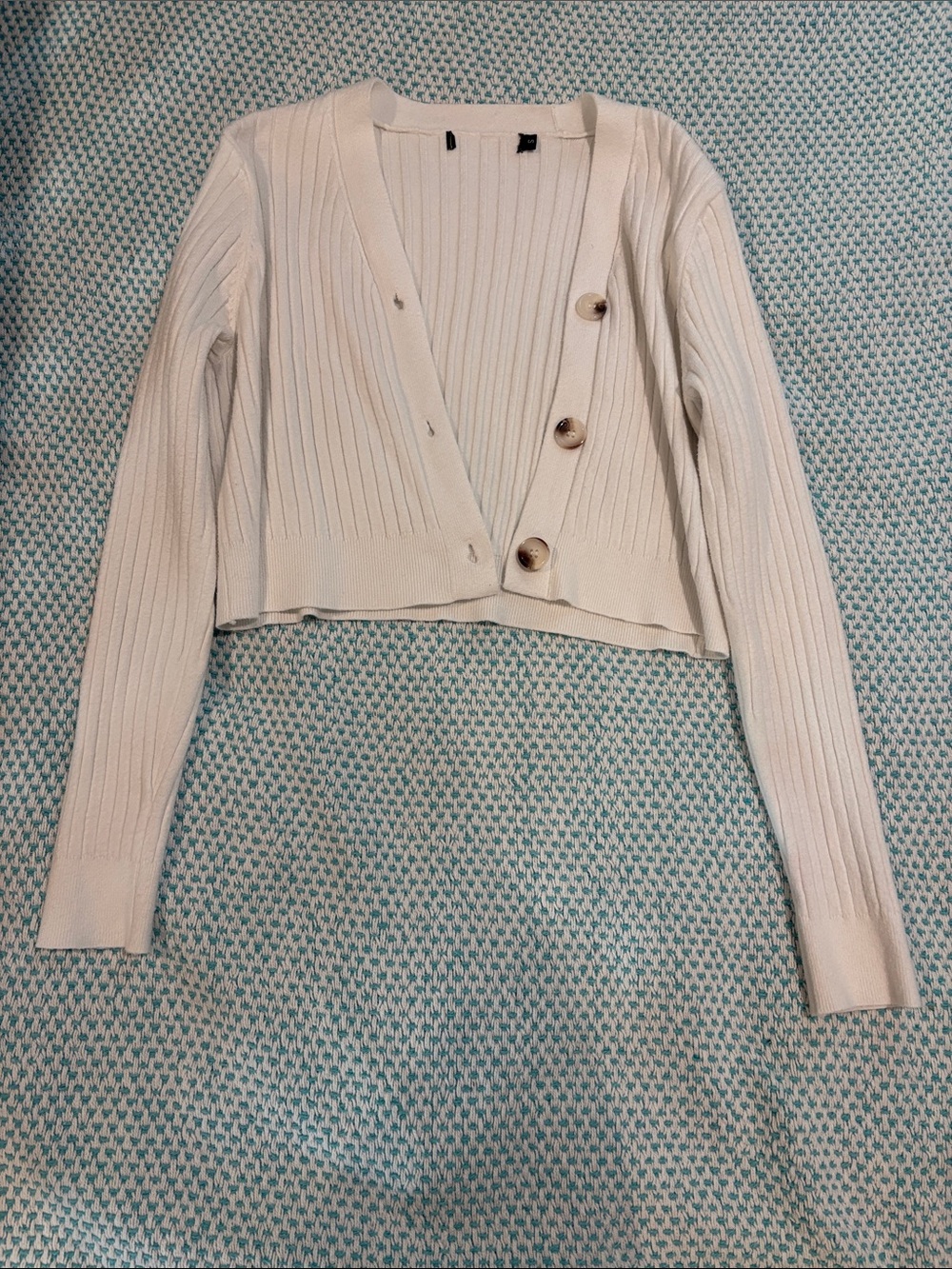 Amazon White Ribbed Cropped Cardigan with Button Detail